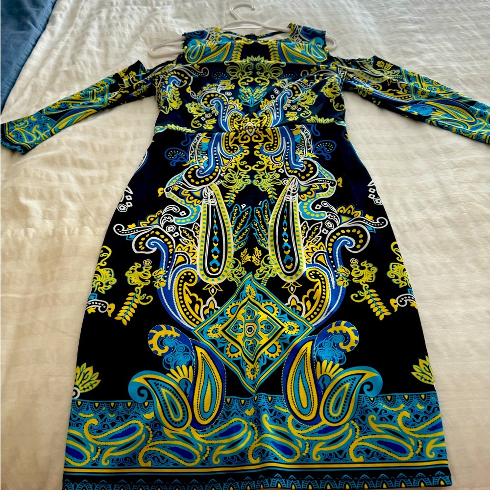 Mosaic design in blues and lime green, a midi dress with cold shoulder detail.